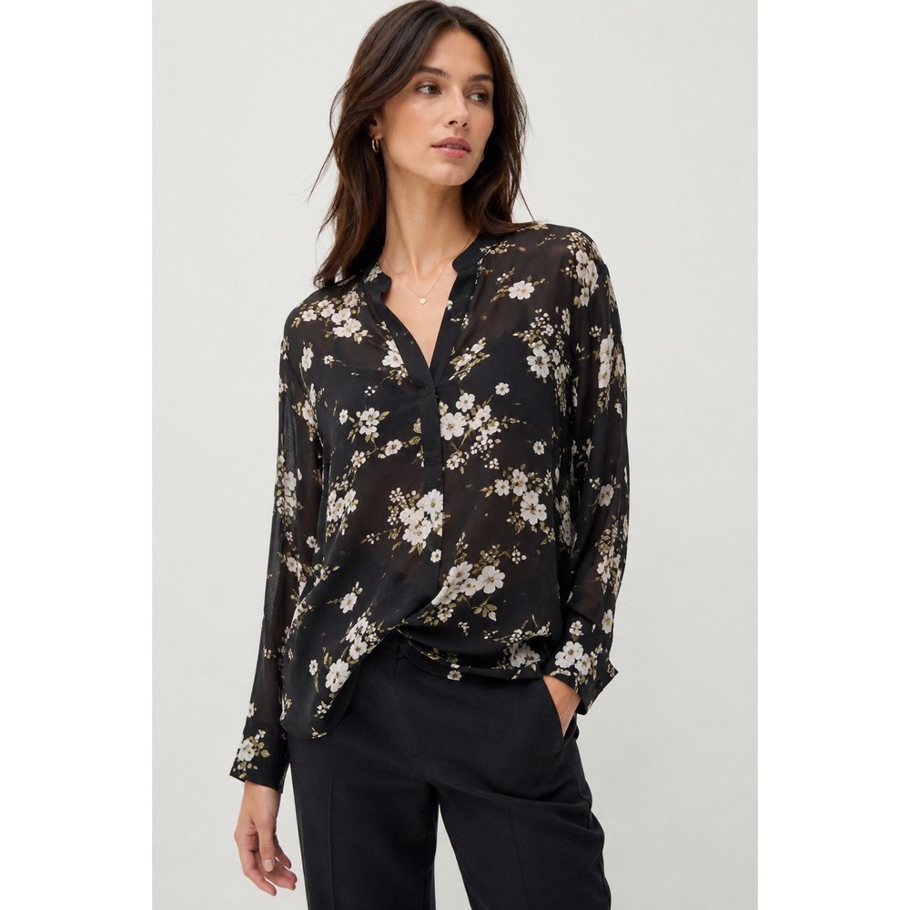 Vince Size 2 Black Floral 100% Silk Blouse Oversized Sheer Relaxed Boho Layering